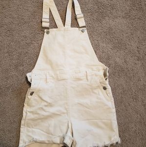White denim overall shorts by Loft